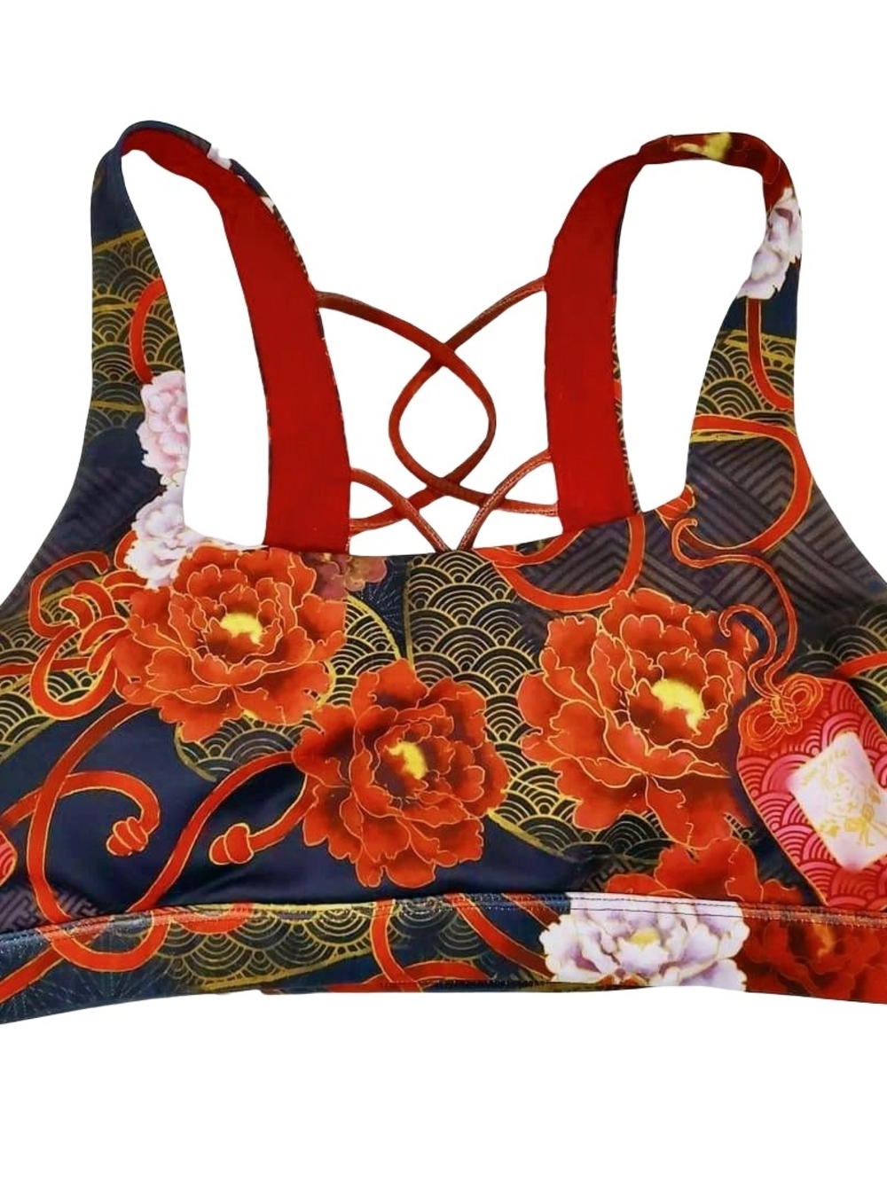 Iron Yokai Peony Floral Red & Black High-Waist Women’s Bra And Shorts Set - Picture 2 of 8